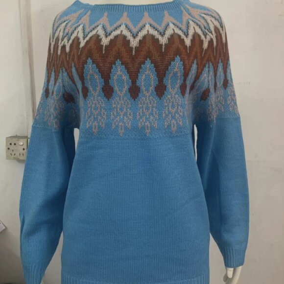 Round neck colorblock loose casual pullover sweater - Picture 2 of 2